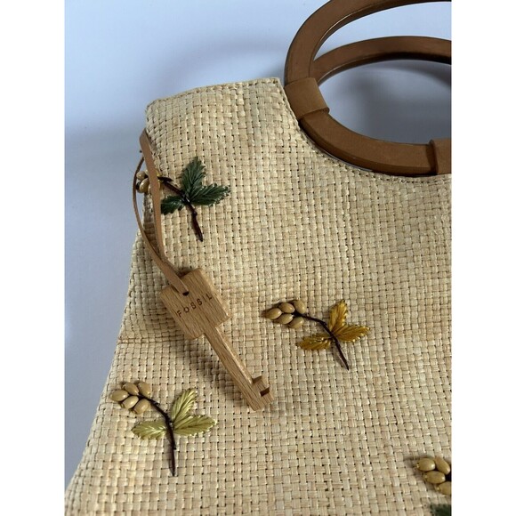 Fossil Vintage Embroidered Straw Beaded Floral Summer Handbag Retro Wood Handles - Picture 3 of 8